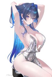 1girl 707arisu absurdres armpits arms_behind_head arms_up artist_name azur_lane backless_dress backless_outfit blue_eyes blue_hair breasts chair choker cleavage closed_mouth colored_inner_hair commentary cosplay dress earrings evening_gown glitter_dress grey_dress hair_between_eyes hair_intakes highres hololive hololive_english jewelry large_breasts long_hair looking_at_viewer multicolored_hair no_bra no_panties on_chair on_stool ouro_kronii side_slit sideboob sideless_dress sidelocks simple_background sitting solo st._louis_(azur_lane) st._louis_(azur_lane)_(cosplay) st._louis_(luxurious_wheels)_(azur_lane) symbol-only_commentary thighs very_long_hair virtual_youtuber white_background