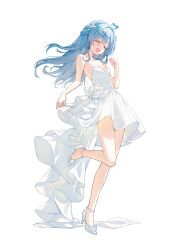 1girl absurdres arahashi_tabi bare_shoulders blue_hair breasts cleavage dress dress_flower flower full_body high_heels highres long_hair open_mouth picter shoes simple_background smile solo standing standing_on_one_leg stellive virtual_youtuber wedding_dress white_background white_dress white_flower white_shoes