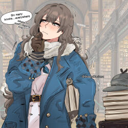 1girl absurdres artist_name belt blue_coat blue_eyes blue_jacket blue_neckerchief book bookshelf brown_gloves brown_hair coat commentary dress english_commentary english_text gloves grey_hat hand_on_own_chin hat highres jacket library light_blush long_hair marcus_(reverse:1999) neckerchief newsboy_cap open_clothes open_coat reverse:1999 scarf sleepy_kaslana thinking unworn_headwear very_long_hair white_dress white_scarf