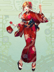 1girl :d bag baymelia_mikhailov black_nails brown_hair dairoku_ryouhei floral_print floral_print_kimono flower full_body green_eyes hair_flower hair_ornament hand_up handbag holding_candy_apple japanese_clothes kimono long_hair morino_minori obi open_mouth print_kimono red_kimono sandals sash smile solo