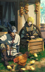 3boys absurdres askeladd barrel beard bird bjorn_(vinland_saga) black_boots black_shirt blonde_hair boots brown_capelet brown_eyes brown_hair capelet chick chicken child coat crate facial_hair grass grin hair_between_eyes helmet highres indian_style laughing male_focus multiple_boys onion shirt shirube_akashi sitting smile teeth thorfinn viking vinland_saga white_coat
