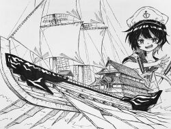 1girl aircraft airship anchor_symbol commentary greyscale hat highres monochrome murasa_minamitsu open_mouth outdoors palanquin_ship sailor sailor_collar sailor_hat sailor_shirt shirt short_sleeves smile solo suteruko touhou traditional_media