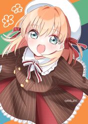 Rule 34 | 1girl, :d, absurdres, beret, black background, blue background, blush, brown jacket, brown skirt, collared shirt, commentary request, dress shirt, flower symbol, fortune movie (love live!), frilled shirt collar, frills, from above, green background, hair ribbon, hat, highres, hinoshita kaho, jacket, link! like! love live!, long sleeves, looking at viewer, love live!, neck ribbon, official alternate costume, open mouth, orange background, orange hair, pinstripe jacket, pinstripe pattern, pinstripe skirt, pleated skirt, red ribbon, ribbon, ririn (ririn 501), shirt, skirt, smile, solo, star (symbol), star in eye, symbol in eye, twitter username, virtual youtuber, white hat, white shirt