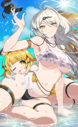 2girls ;p absurdres ahoge animal_ears armpits bikini bird black_bikini blonde_hair blue_sky breasts commentary_request green_eyes highres ju_fufu large_breasts long_hair looking_at_viewer lying multiple_girls navel on_side one_eye_closed outdoors single_hair_intake sky stomach swimsuit tail thigh_strap tiger_ears tiger_girl tiger_stripes tiger_tail tongue tongue_out tuyumori_kaoru_(alilybell1241) underboob white_hair yellow_bikini yellow_eyes yixuan_(zenless_zone_zero) zenless_zone_zero