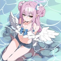 Rule 34 | 1girl, alternate costume, armpit crease, bare shoulders, barefoot, bikini, blue archive, blue bow, blush, bow, breasts, caustics, cleavage, closed mouth, collarbone, double bun, feathered wings, frilled bikini, frills, glint, hair bun, hair ornament, hair scrunchie, halo, long hair, looking at viewer, mika (blue archive), navel, off shoulder, open clothes, open shirt, partially submerged, pink hair, scrunchie, shirt, short shorts, shorts, sitting, small breasts, smile, solo, suimz, swimsuit, very long hair, wariza, water, wet, white bikini, white shirt, wings, yellow eyes