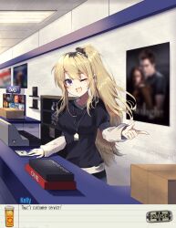 Rule 34 | 1girl, :d, black shirt, blonde hair, blurry, box, breasts, brown hair, cash register, class of 09, commentary, commission, cropped legs, dialogue box, dot nose, double-parted bangs, english commentary, gameplay mechanics, hair over shoulder, high ponytail, highres, indoors, javi (javieritow), kelly (class of 09), lanyard, light blush, long hair, looking at viewer, medium breasts, multicolored hair, one eye closed, open mouth, original, package, ponytail, poster (object), purple eyes, raised eyebrow, shirt, shirt under shirt, smile, solo, star (symbol), visual novel, white shirt