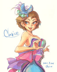 1girl animification blue_eyes brown_hair chai_5 clarice_(disney) disneyland dress eyelashes hair_ornament humanization looking_at_viewer mickey_mouse_&amp;_friends open_mouth personification short_hair smile solo strapless upper_body