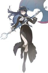 1girl axe battle_axe black_boots black_sailor_collar black_shirt black_skirt boots cq_nan floating_hair full_body glasses holding holding_axe holding_weapon long_hair long_sleeves looking_at_viewer neckerchief purple_hair red_eyes sailor_collar shirt shizuhara_hiruko side_slit simple_background skirt solo the_hundred_line_-last_defense_academy- weapon white_background white_neckerchief