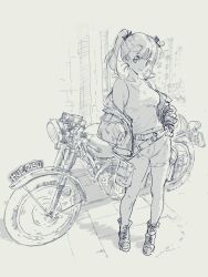 1girl breasts denim greyscale hair_ribbon jacket kajino_(aosansai) long_hair looking_at_viewer monochrome motor_vehicle motorcycle original ribbon shoes sketch smile solo twintails