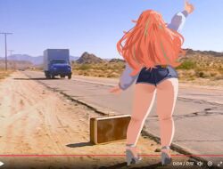 1girl ass blue_shorts car denim denim_shorts driving hololive hololive_english meme motor_vehicle multicolored_hair orange_hair peagade shorts suitcase takanashi_kiara truck virtual_youtuber