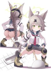 1girl ahoge animal_ears anus ass blue_archive blush boots braid braided_ponytail censored cleft_of_venus female_focus fox_ears green_eyes halo headphones headset knee_pads long_hair otogi_(blue_archive) panties panty_pull peeing pussy school_uniform serafuku skirt solo squat_toilet squatting steam toilet toilet_use udonko_(tinanago7715) underwear