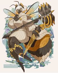 1girl antennae arthropod_girl arthropod_limbs arthropod_tail axe battle_axe bee_girl blonde_hair breasts center_opening colored_eyelashes colored_inner_hair colored_sclera commentary commission english_commentary extra_arms full_body highres holding holding_axe insect_girl insect_wings large_breasts looking_at_viewer monster_girl multicolored_hair no_feet original plump ruteko_(ruko220) short_hair skeb_commission solo sweater weapon white_eyes white_hair wings yellow_background yellow_sclera yellow_sweater
