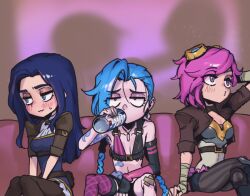 3girls arm_tattoo arm_up bare_shoulders blush braid breasts brown_pants caitlyn_(league_of_legends) can cloud_tattoo collarbone couch crossed_legs drinking flat_chest goggles goggles_on_head holding holding_can jinx_(league_of_legends) league_of_legends long_hair long_sleeves medium_breasts multiple_girls pants phantom_ix_row pink_hair pouty_lips short_hair siblings single_thighhigh sisters sitting striped_clothes striped_pants tattoo thighhighs twin_braids vi_(league_of_legends) wavy_mouth