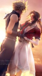 1boy 1girl 3d aerith_gainsborough armor belt blonde_hair bracelet braid breasts brown_hair choker cloud_strife couple cropped_jacket dress final_fantasy final_fantasy_vii final_fantasy_vii_remake gloves green_eyes hair_ribbon hand_on_another&#039;s_cheek highres holding_hands jacket jewelry long_dress medium_breasts necklace parted_bangs pink_dress pink_ribbon red_jacket ria-neearts ribbon shoulder_armor sidelocks sleeveless sleeveless_turtleneck spiked_hair square_enix sunset suspenders turtleneck upper_body wavy_hair