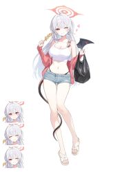 Rule 34 | 1girl, absurdres, alternate costume, black tail, black wings, blue archive, casual, commentary request, demon wings, full body, halo, haruna (blue archive), highres, navel, ppeach, red halo, simple background, single wing, solo, white background, wing ornament, wings