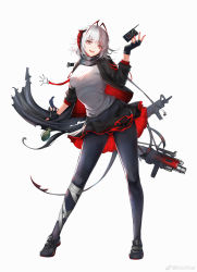 1girl :d absurdres antenna_hair arknights black_gloves black_jacket black_pantyhose black_scarf black_shoes black_skirt breasts contrapposto demon_girl demon_horns demon_tail detonator dropping explosive fingerless_gloves full_body gloves grenade grey_shirt highres horns jacket layered_skirt long_sleeves looking_at_viewer medium_breasts miniskirt morihar multicolored_hair nail_polish open_clothes open_jacket open_mouth pantyhose red_eyes red_hair red_nails scarf shirt shoes short_hair silver_hair simple_background skirt smile solo standing tail tossing two-tone_hair w_(arknights) weapon white_background