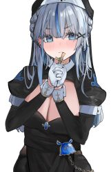 1girl amagai_ruka appleseed_(appleseed_art) black_dress black_veil blue_eyes blue_hair blush braid breasts chain cleavage cross dress gloves grey_hair highres holding holding_cross large_breasts long_hair long_sleeves looking_at_viewer multicolored_hair nun own_hands_clasped own_hands_together simple_background solo streaked_hair veil virtual_youtuber weather_planet white_background white_gloves