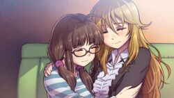 2girls akizuki_ritsuko antenna_hair black-framed_eyewear blonde_hair blush brown_hair chiaki_rakutarou closed_eyes closed_mouth collared_shirt couch glasses hand_on_another&#039;s_arm hand_on_another&#039;s_shoulder highres hoshii_miki hug idolmaster idolmaster_(classic) long_hair long_sleeves low_twintails multiple_girls shirt smile striped_clothes striped_shirt twintails upper_body yuri