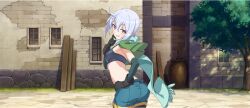 Rule 34 | 1girl, aqua scarf, armpit crease, belt, black belt, black gloves, breasts, brick wall, building, cape, chris (konosuba), cowboy shot, crop top, day, denim, denim shorts, elbow gloves, facial scar, from behind, game cg, gloves, green cape, grey hair, grin, hair between eyes, hand on own hip, highres, kono subarashii sekai ni shukufuku wo!, konosuba! fantastic days, leaning forward, light blush, long scarf, looking at viewer, looking back, official art, outdoors, purple eyes, scar, scar on cheek, scar on face, scarf, shade, short hair, short shorts, shorts, side ahoge, sidelocks, small breasts, smile, solo, standing, tree