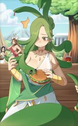 Rule 34 | 3girls, ancient greek clothes, animal ears, architecture, bare shoulders, basket, bell, black hair, blue sky, bracelet, breasts, brown eyes, brown hair, burger, cleavage, closed mouth, cloud, collar, cow ears, cow girl, cow horns, cowbell, cup, disposable cup, earrings, egg, feeding animal, food, gold armlet, gold bracelet, gold earrings, gold necklace, greco-roman architecture, greco-roman clothes, green hair, hair over one eye, hand on own hip, highres, holding, holding basket, holding burger, holding food, horns, jewelry, lamia, large breasts, lieumare, long hair, looking at food, maid headdress, monster girl, multiple girls, necklace, one breast out, ophelia (lieumare), original, outdoors, ponytail, scar, scar on neck, sky, slit pupils, snake hair, tail, tail ornament, tail ring, tearing up, tree