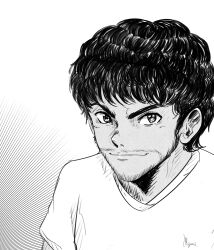 1boy beard black_hair captain_tsubasa closed_mouth facial_hair greyscale looking_at_viewer monochrome roberto_hongo shirt short_hair simple_background smile solo white_background white_shirt