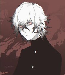 Rule 34 | 1boy, 23i2ko, :|, black shirt, buttons, character request, closed mouth, colored tips, constricted pupils, copyright request, hair between eyes, limited palette, looking at viewer, male focus, messy hair, multicolored hair, orange eyes, shirt, solo, upper body, white hair