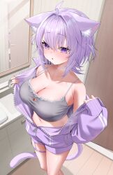 1girl absurdres ahoge ai_(u_e_o_o) animal_ears bathroom blush breasts camisole cat_ears cat_girl cat_tail cleavage collarbone door grey_camisole hair_intakes highres hololive hood hoodie large_breasts long_sleeves medium_hair mirror navel nekomata_okayu open_mouth purple_eyes purple_hair purple_hoodie purple_tail reflection sink sleeves_past_wrists solo stomach tail thighs virtual_youtuber