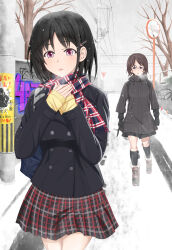 2girls bag bare_tree black_coat black_gloves black_hair black_skirt black_socks blue_bag blue_eyes boots breath brick_wall broken_mirror brown_footwear brown_hair buttons cardigan carrying_bag coat combat_knife cowboy_shot day double-breasted erikku_(kata235) full_body gloves graffiti grey_sky hair_ornament hairclip hands_on_own_chest highres holding holding_knife holding_weapon hood hood_down hooded_coat knife layered_sleeves long_sleeves looking_ahead looking_at_another mirror multicolored_skirt multiple_girls original outdoors own_hands_together parted_lips peacoat plaid_clothes plaid_skirt pleated_skirt pocket poster_(object) power_lines purple_eyes red_skirt road_sign school_bag short_hair sign skirt sky snow snow_on_tree snowing socks solo_focus standing stop_sign traffic_mirror tree utility_pole walking weapon winter winter_clothes yellow_cardigan