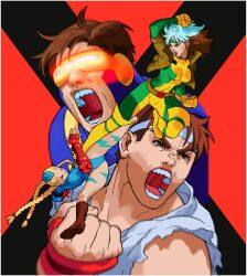 Rule 34 | 2boys, 2girls, absurdres, angry, belt, bengus, blonde hair, blue bodysuit, blue eyes, bodypaint, bodysuit, boots, braid, brown boots, brown hair, cammy white, clenched hand, colored bangs, cyclops (x-men), dougi, fingerless gloves, flying kick, forked eyebrows, game cg, garrison cap, gloves, green bodysuit, green headband, hat, head-mounted display, headband, heattech leotard, highleg, highleg leotard, highres, jacket, kicking, killer bee cammy, leather, leather jacket, leotard, long hair, loose belt, marvel vs. capcom, mma gloves, multicolored bodysuit, multicolored hair, multiple boys, multiple girls, necktie, non-web source, official art, open mouth, ribbed leotard, rogue (x-men), ryu (street fighter), short hair, short necktie, sleeved leotard, superhero costume, teeth, thick eyebrows, torn clothes, torn sleeves, turtleneck, twin braids, two-tone bodysuit, two-tone hair, white hair, white headband, x-men vs. street fighter, yellow bodysuit, yellow boots, yellow gloves
