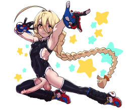 1boy ahoge blonde_hair braid censored covered_erect_nipples covered_navel fang gen&#039;en_(sioherashi) gloves large_penis leotard long_hair male_focus mosaic_censoring orange_hair original penis ribs single_braid skin_fang sweatdrop thighhighs trap variant_set very_long_hair white_background