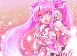 Rule 34 | 1girl, :d, beatmania iidx, beatmania iidx infinitas, bemani, blurry, bokeh, breasts, buttons, cleavage, commentary, depth of field, double-breasted, headphones, infinity symbol, large breasts, long hair, looking at viewer, mizushiro celica, nagyi, official alternate costume, open mouth, purple eyes, purple hair, smile, solo, sparkle, twintails, upper body