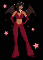 1girl black_background black_hair blue_eyes blueberriena blunt_bangs commentary elbow_gloves english_commentary eyelashes fake_wings full_body gloves hands_on_own_hips high_heels highres medium_hair navel nico_robin one_piece pants simple_background smile solo star_(symbol) twitter_username wings