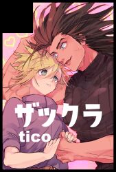 2boys aqua_eyes black_hair black_shirt blonde_hair cross_scar earrings facial_scar final_fantasy final_fantasy_vii grey_shirt hair_between_eyes hair_slicked_back holding_hands jewelry light_blush long_hair male_focus multiple_boys open_mouth pale_skin parted_lips scar scar_on_cheek scar_on_face shirt short_hair sideburns single_earring sleeveless sleeveless_turtleneck smile spiked_hair tan turtleneck upper_body veins veiny_arms veiny_hands yaoi zack_fair zc_furuya