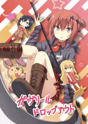 Rule 34 | 10s, 3girls, :o, bat hair ornament, black hair, black shirt, blonde hair, blue eyes, boots, brown footwear, buckle, cardigan, cross, cross-laced footwear, cross print, demon horns, dress shirt, full body, gabriel dropout, gabriel tenma white, hair ornament, hairclip, hands in pockets, highres, hood, hoodie, horns, jacket, knee boots, long hair, long sleeves, looking at viewer, multiple girls, necktie, parted lips, plaid clothes, plaid skirt, purple eyes, red hair, red necktie, red skirt, satanichia kurumizawa mcdowell, school uniform, scythe, shirt, shoelaces, short hair, skirt, standing, thighs, track jacket, ukami, very long hair, vignette tsukinose april, x hair ornament