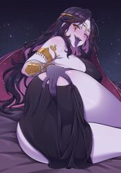 Rule 34 | 1girl, absurdres, ass, black dress, black hair, breasts, colored extremities, colored inner hair, colored tongue, dress, facial mark, fingernails, gold armlet, highres, iampatty, indie virtual youtuber, large breasts, long hair, multicolored hair, open mouth, purple hair, purple tongue, scar, scar on breasts, second-party source, sharp fingernails, sky, solo, star (sky), starry sky, thighs, tongue, tongue out, vexoria the sun eater, virtual youtuber, yellow eyes