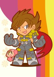Rule 34 | 2boys, :d, absurdres, brown eyes, brown hair, chibi, chibi only, company connection, gloves, grey eyes, grey gloves, grey pants, highres, hori susumu, lars alexandersson, looking at another, looking at viewer, male focus, mr. driller, multiple boys, non-web source, official art, open mouth, pants, sashida minoru, short hair, sleeveless, smile, standing, tekken, tekken 7