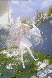 1girl 2023 :d absurdres ahoge angel angel_wings arm_up atri atri-my_dear_moments- black_ribbon blue_sailor_collar blue_sky blush breasts bug butterfly chinese_commentary commentary_request dated day dress fangs feathered_wings feet finn_zoey floating_hair full_body hair_between_eyes hair_ribbon halo happy highres holding holding_sandals holding_unworn_clothes insect light_brown_hair long_hair long_sleeves looking_at_viewer neckerchief no_shoes open_mouth outdoors photo_background red_eyes red_neckerchief ribbon sailor_collar sandals sky small_breasts smile solo standing standing_on_one_leg thighhighs two_side_up unworn_sandals variant_set very_long_hair white_dress white_thighhighs white_wings wide_sleeves wings zettai_ryouiki