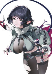 1girl absurdres animal_ears black_gloves black_hair black_nails black_pantyhose black_shorts black_thighhighs blush breasts crop_top fingernails fur-trimmed_jacket fur_trim gloves green_eyes grey_jacket highres jacket jane_doe_(zenless_zone_zero) large_breasts leaning_forward long_hair long_sleeves looking_at_viewer midriff mouse_ears mouse_girl nail_polish navel open_mouth pantyhose puffy_long_sleeves puffy_sleeves runfufu shorts simple_background single_leg_pantyhose single_thighhigh skindentation smile solo thighhighs torn_clothes torn_pantyhose white_background zenless_zone_zero