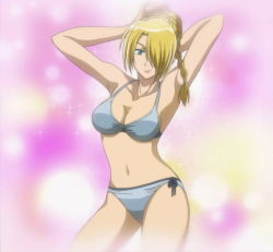 Rule 34 | 1girl, anime screenshot, armpits, arms behind head, arms up, beelzebub (manga), bikini, blonde hair, breasts, bubble, cleavage, female focus, green eyes, hair bun, hair over one eye, hilda (beelzebub), navel, single hair bun, solo, sparkle, standing, stitched, swimsuit, third-party edit