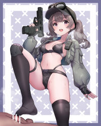 Rule 34 | 1boy, 1girl, absurdres, bar censor, belt, belt buckle, black bra, black panties, bra, breasts, buckle, censored, cropped jacket, footjob, footjob with legwear, goggles, goggles on headwear, green hat, grey hair, gun, handgun, hat, highleg, highleg panties, highres, holding, holding gun, holding weapon, jacket, knee brace, lumina414, medium breasts, medium penis, military jacket, navel, open clothes, open jacket, open mouth, original, panties, penis, purple eyes, single thighhigh, stepped on, teeth, testicles, thigh strap, thighhighs, thighs, twintails, underwear, upper teeth only, weapon