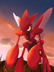 bug claws colored_skin cowboy_shot gen_2_pokemon highres insect_wings nintendo pokemon pokemon_(creature) red_skin redamber334 scizor solo standing sunset wings yellow_eyes