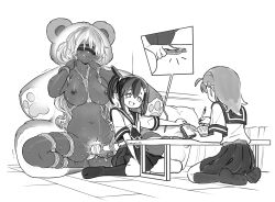 3girls artist_name bdsm bed bedroom between_legs blindfold bondage bound clenched_teeth completely_nude eudetenis face-to-face frogtie full_body groin_tendon gyaru hand_between_legs highres hitachi_magic_wand indoors kneehighs lilya_(pretzelfan) looking_at_another monochrome multiple_girls navel neckerchief nude open_mouth pleated_skirt remote_control_vibrator sailor_collar sayuri_(pretzelfan) school_uniform serafuku sex_toy short_hair side_ponytail sitting skirt socks spread_legs stealth_sex studying stuffed_animal stuffed_toy sweat table tagme teddy_bear teeth vibrator wariza wooden_floor x-ray