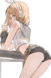 1girl absurdres aqua_eyes arm_tattoo arm_warmers ass belt black_sailor_collar black_shorts blonde_hair blush bow crop_top elbow_rest from_behind hair_bow hair_ornament hairclip hands_up headphones headset highres interlocked_fingers kagamine_rin leaning_forward looking_at_viewer looking_back nail_polish number_tattoo own_hands_clasped own_hands_together panties panty_peek sailor_collar scarlet_(wv0102) shirt short_hair shorts sleeveless sleeveless_shirt solo tattoo underwear vocaloid white_bow white_panties yellow_nails