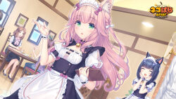 4girls ^_^ animal_ear_fluff animal_ears apron bakery bell black_hair bow breasts brown_hair buttons cake cat_ears cat_girl character_name closed_eyes dessert dutch_angle fake_animal_ears flat_chest food fraise_(nekopara) game_cg gesture glass green_eyes hair_ribbon hands_on_own_face heart heart_button indoors maid maid_apron maid_headdress minazuki_shigure multiple_girls name_tag nameplate neck_bell nekopara official_art open_mouth pink_bow pink_hair purple_bow restaurant ribbon sayori_(neko_works) shop sitting slit_pupils small_breasts watermark wavy_hair white_ribbon wrist_cuffs