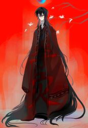 Rule 34 | 1boy, absurdly long hair, absurdres, bandaged neck, bandages, bishounen, black hair, black hanfu, branch, character name, chinese clothes, chinese commentary, closed mouth, coat, dao gui yi xian, flower, full body, hair between eyes, hair ribbon, hanfu, highres, ji zai, li huowang, long hair, long sleeves, looking at viewer, low-tied sidelocks, male focus, moon, official alternate hair length, official alternate hairstyle, red background, red coat, red eyes, red ribbon, ribbon, robe, sidelocks, sleeves past fingers, sleeves past wrists, solo, standing, very long hair, very long sleeves, white flower, wuzui088