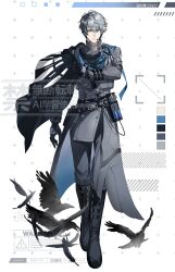 1boy belt bird black_belt black_feathers black_gloves black_shoes coat color_guide commandant_(pgr) commentary feathers full_body gloves grey_coat grey_eyes grey_hair grey_pants headset highres male_focus pants punishing:_gray_raven rom133637 shoes short_hair simple_background standing twitter_username white_background