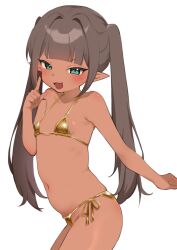 1girl :d absurdres bare_shoulders bikini blush breasts chiimanju dark-skinned_female dark_skin elf fang gold_bikini golden_week green_eyes grey_hair highres long_hair looking_at_viewer micro_bikini navel open_mouth original pointy_ears shiny_swimsuit side-tie_bikini_bottom simple_background skin_fang small_breasts smile solo stomach string_bikini swimsuit