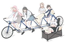 5girls absurdres animal_ears bang_dream! bang_dream!_it&#039;s_mygo!!!!! bicycle black_hair black_shoes blue_hoodie blue_shorts blue_skirt brown_eyes cart cat_ears cat_girl cat_tail chihaya_anon closed_eyes commentary crossed_arms dress fang grey_dress grey_hair guitar_case highres hood hoodie instrument_case jacket kaname_raana kemonomimi_mode long_hair long_sleeves mole mole_under_eye multiple_girls mygo!!!!!_(bang_dream!) nagasaki_soyo open_mouth pinafore_dress pink_hair raana_the_cat reiboubyou riding riding_bicycle shiina_taki shirt shoes short_hair shorts simple_background skin_fang skirt sleeveless sleeveless_dress socks tail takamatsu_tomori two-tone_hoodie white_background white_jacket white_shirt white_socks yellow_hoodie