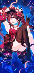 1girl :d annerica armpits bare_shoulders black_gloves breasts brown_hair butterfly-shaped_pupils cleavage dress fishnet_socks fishnets fox_mask fox_shadow_puppet gloves gun halter_dress halterneck handgun heart heart_tattoo highres honkai_(series) honkai_impact_3rd long_hair mark_under_eye mask mask_on_head open_mouth red_dress red_eyes red_mask red_sleeves revolver single_thighhigh smile snubnosed_revolver socks solo sparkle_(fictitious_game)_(honkai:_star_rail) sparkle_(honkai:_star_rail) symbol-shaped_pupils tattoo teardrop_facial_mark thighhighs twintails very_long_hair weapon