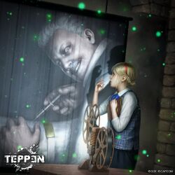 1boy 1girl blonde_hair book brian_irons capcom child facial_hair film_projector grey_hair headband highres horror_(theme) kuroiwa_enu movie_projector mustache official_art remake resident_evil resident_evil_2 resident_evil_2_(remake) scared school_uniform screen sherry_birkin syringe teppen